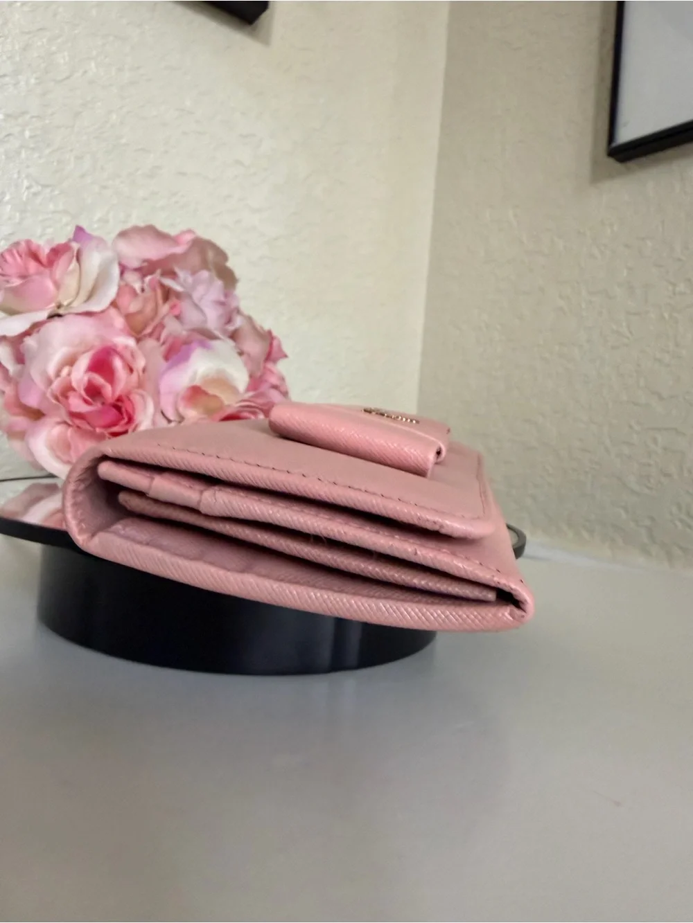 Pink Prada Saffiano leather long wallet flap closure with bow